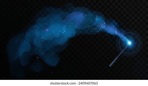 Magic wand with blue glowing shiny trail isolated on black transparent background. Vector illustration