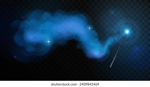 Magic wand with blue glowing shiny trail isolated on black transparent background. Vector illustration