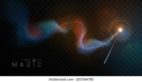 Magic wand with blue and gold glowing shiny trail.  Isolated on black transparent background. Vector illustration