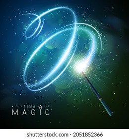 Magic wand with blue neon glowing shiny spiral trail. Vector illustration