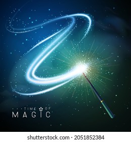 Magic wand with blue neon glowing shiny spiral trail. Vector illustration