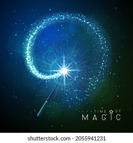 Magic wand with blue neon glowing shiny trail on abstract space background. Vector illustration