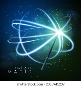 Magic wand with blue neon glowing shiny trail on abstract space background. Vector illustration