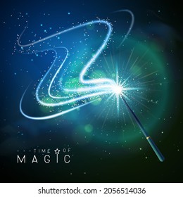 Magic wand with blue neon glowing shiny trail on abstract space background. Vector illustration