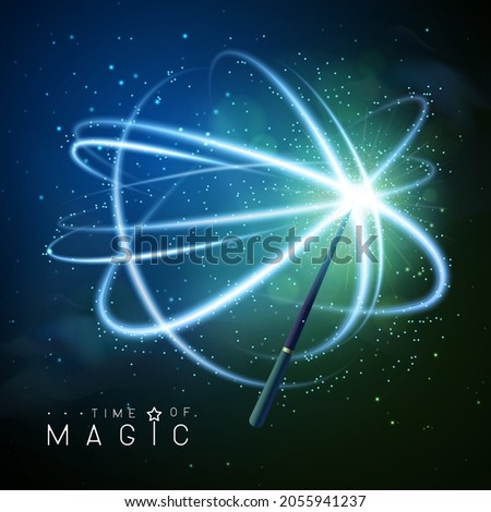 Magic wand with blue neon glowing shiny trail on abstract space background. Vector illustration