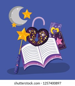magic wand with book and cards with padlock