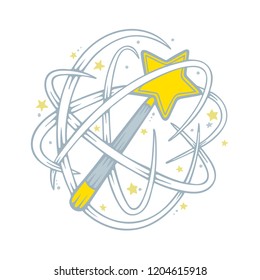Magic wand. Magic with bright sparkles and magic trace.
Magic and miracle concept hand drawn sketch illustration.