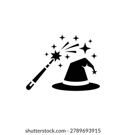 Magic wand casting sparkles over hat, magical effect icon, black