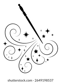 Varinha mágica lançando um feitiço brilhante com redemoinhos e estrelas. Encantada ilustração de arte de linha de fantasia para temas mágicos e conceitos de conto de fadas.