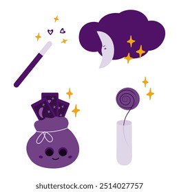 Magic wand, cloud with crescent, flower in test tube and Tarot cards Cute magic characters Set of 4