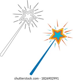 The magic wand is colored and black and white. For comics, postcards, details, patterns, sets.Vector image. Symbol.
