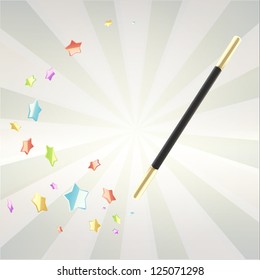 Magic wand with colorful glossy stars around, eps10 vector illustration