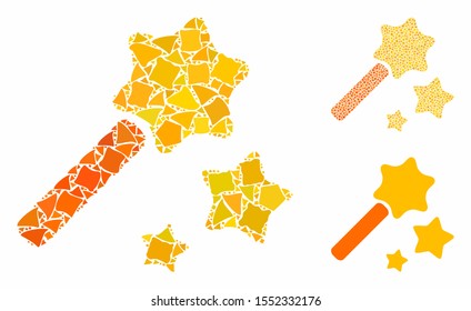Magic wand composition of abrupt items in different sizes and color hues, based on magic wand icon. Vector abrupt pieces are united into illustration. Magic wand icons collage with dotted pattern.