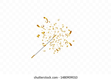 Magic wand with confetti isolated on transparent background. Golden ribbons. Festive vector illustration