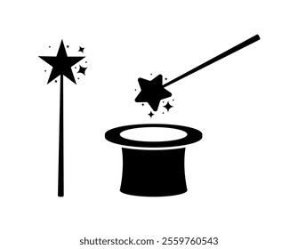 Magic wand conjuring stars over magician top hat