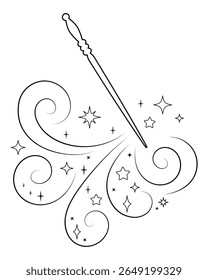 Varinha mágica criando uma espiral brilhante de estrelas e brilhos. Elegante ilustração de arte de linha de fantasia de feitiço de elenco em preto e branco.