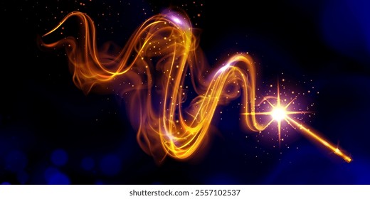 Magic wand creating luminous glowing effect with sparkling golden trails. Mystical light streams form elegant curves on dark background. Fantasy 3d vector for wizard games interface or enchanted story