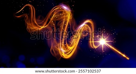 Magic wand creating luminous glowing effect with sparkling golden trails. Mystical light streams form elegant curves on dark background. Fantasy 3d vector for wizard games interface or enchanted story