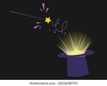 A magic wand and a cylinder with a glow coming from it is an attribute of an illusionist or a magician. Vector illustration isolated on dark background