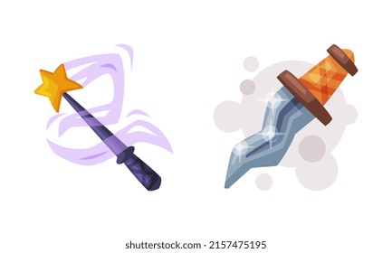 Magic wand and dagger. Witchcraft attributes cartoon vector illustration