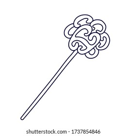 La varita mágica decorada con rizos en estilo doodle. Ilustración vectorial dibujada a mano en tinta negra aislada en fondo blanco.  Ideal para colorear un libro.