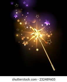 Magic wand decorated with gold stars on black background.