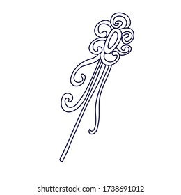Zauberstab mit Bändern und Glängen im Doodle-Stil dekoriert. Handgezeichnete Vektorgrafik in schwarzer Tinte isoliert auf weißem Hintergrund. Ideal zum Färben des Buches.