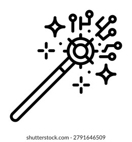 Magic wand with digital circuit connections line icon technology innovation abstract development electronics creative transformation computer