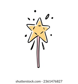varita mágica en estilo doodle sobre fondo blanco. Concepto festivo. Icono de color vector dibujado a mano.