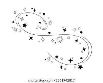 Magic wand in doodle style, vector illustration. Shiny stick icon for print and design, hand drawn. Isolated elements on a white background. Magician cast spell, fairy stars and sparkles