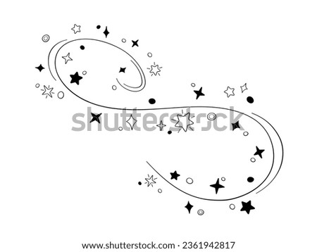 Magic wand in doodle style, vector illustration. Shiny stick icon for print and design, hand drawn. Isolated elements on a white background. Magician cast spell, fairy stars and sparkles