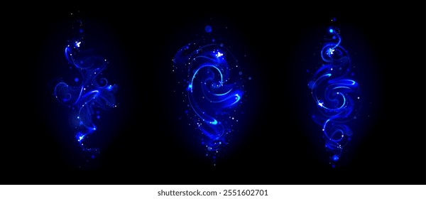 Magic wand effects set isolated on black background. Vector realistic illustration of neon blue light trails, sparkling fairytale swirls with glowing glitter particles, fantasy spell energy vortex