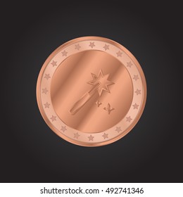 Magic Wand embossed realistic bronze coin precious Icon / Logo Design