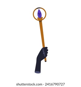Magic wand, esoteric stick with crystal gem in hand. Secret occult knowledge, power symbol. Sacred mystery energy, witchcraft concept. Flat vector illustration isolated on white background