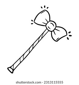 Magic wand of a fairy or sorceress with a bow. Doodle vector illustration in childish style. Isolated hand drawn cute clipart