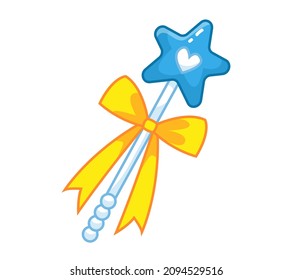 Magic wand of a fairy or sorceress with a decor of pearls, bow and blue star. Vector illustration in cartoon childish girly style. Isolated cute clipart