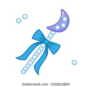 The magic wand of a fairy or a sorceress with a decor of pearls, a bow and a moon. Vector illustration in cartoon childish girly style. Isolated cute clipart