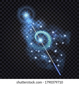 Magic wand with fantasy light glowing effect, shimmer sparkles and  star dust, blue shine flare. Isolated design element, abstract vector illustration