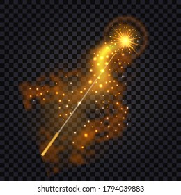 Magic wand with fire trail, glowing light effect and shiny sparkles. Vibrant golden radiance, isolated object. Abstract vector illustration