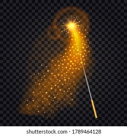 Magic wand with fire trail light effect. Glowing glitter star dust, shiny particles. Isolated object for magic fantasy. Vector illustration