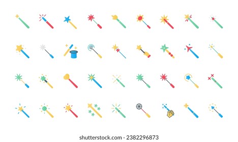 Magic wand flat icons set vector illustration. Pictograms of wizards hand and hat for illusion tricks with stars and sparkles effect, magician symbols of imagination and miracle.