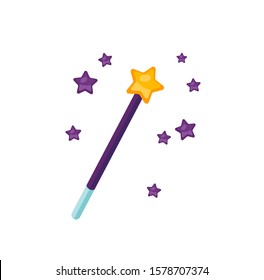 Magic wand flat vector illustration. Sorcerer equipment isolated on white background. Magician stick with stars, wizard accessory. Fantastic show item. Enchantment, spell, sorcery attribute.