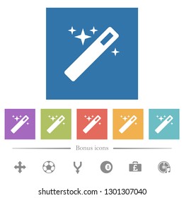 Magic wand flat white icons in square backgrounds. 6 bonus icons included.