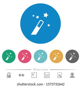 Magic wand flat white icons on round color backgrounds. 6 bonus icons included.