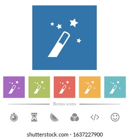 Magic wand flat white icons in square backgrounds. 6 bonus icons included.