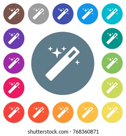 Magic wand flat white icons on round color backgrounds. 17 background color variations are included.