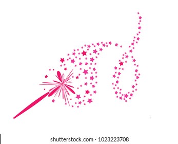 Magic Wand with flying stars tail - decorative vector illustration. Pink magic stick sign - traditional fairytale symbol of wishes, sorcery.
