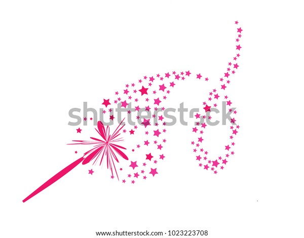 Magic Wand with flying stars tail - decorative\
vector illustration. Pink magic stick sign - traditional fairytale\
symbol of wishes,\
sorcery.