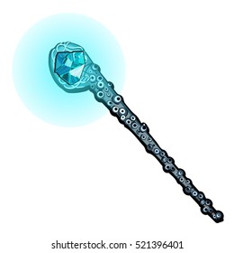 Magic wand in the form of the tentacles of the mollusk with a precious stone aquamarine is isolated on a white background. Vector illustration.
