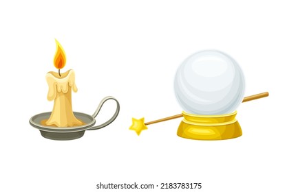 Magic wand, glass ball and burning wax candle on candlestick. Witchcraft objects set cartoon vector illustration